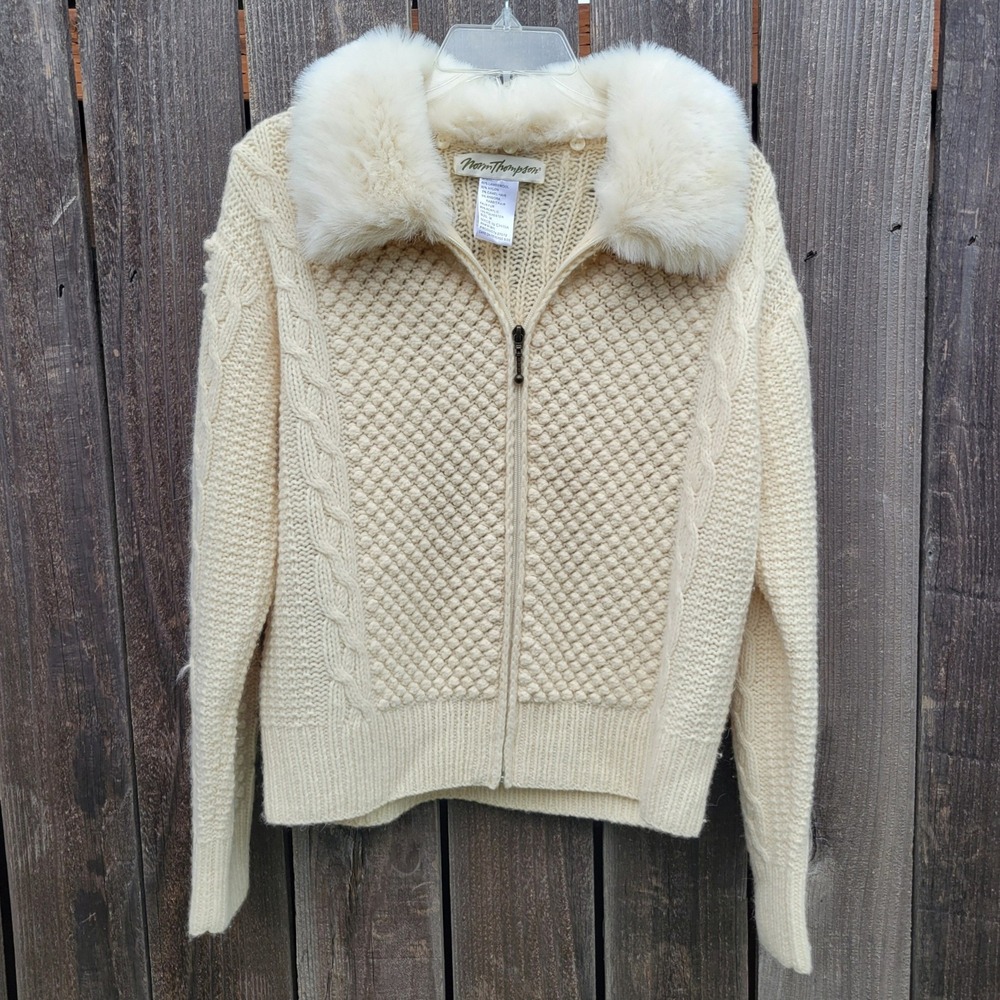 Ivory Lambswool Angora Cable Knit Zip Cardigan Faux Fur Collar M Minimalist VTG